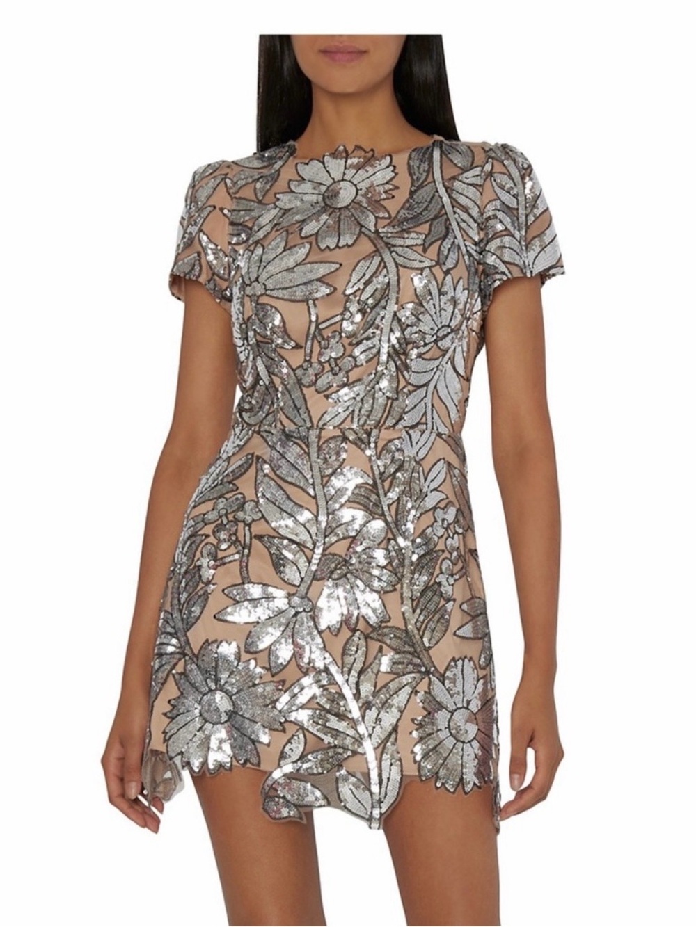 EUC Milly Silver Sequin Floral Mini Dress on Nude size 10